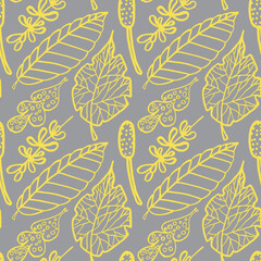 vector duddle pattern leaves . carved leaves of different shapes on a gray background, seamless autumn design, blank for printed products , textiles, packaging, tablecloths, hand-drawn