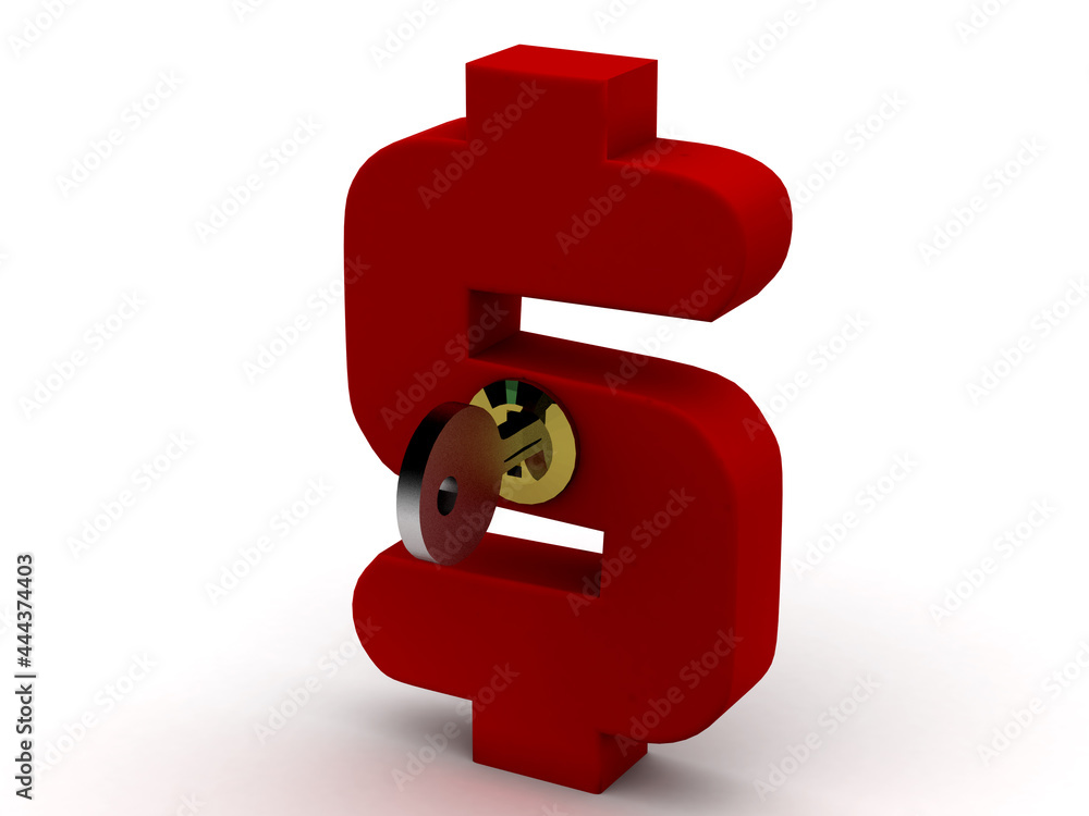 Poster 3d rendering dollar sign with lock and key