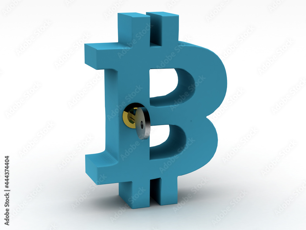 Poster 3d rendering bitcoin sign with lock and key