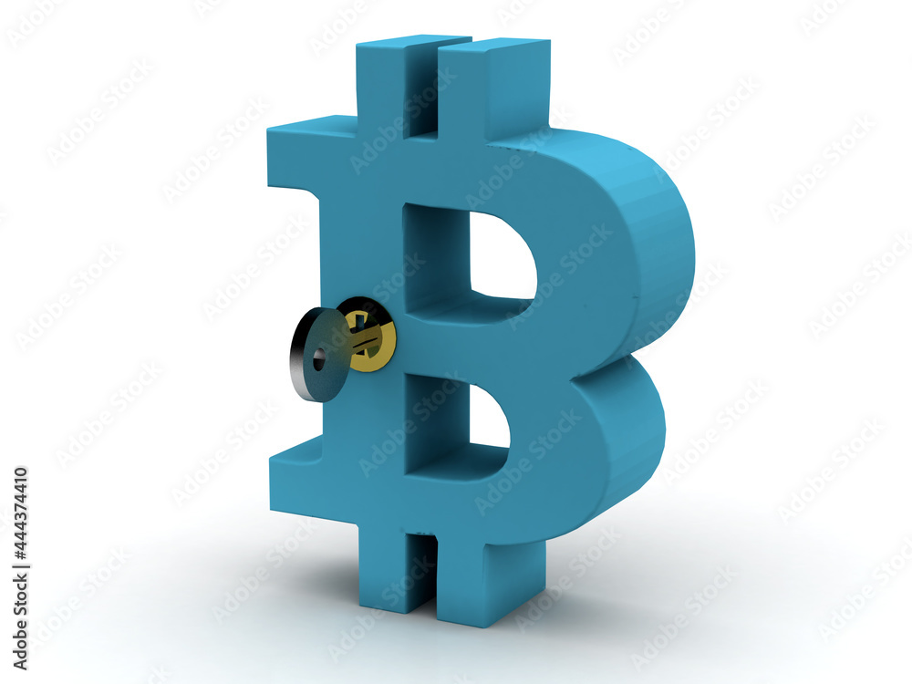 Poster 3d rendering bitcoin sign with lock and key