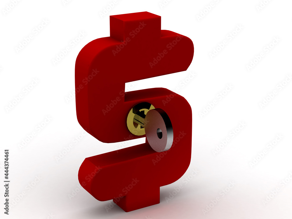 Poster 3d rendering dollar sign with lock and key