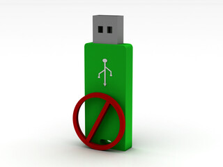 Forbidden sign with USB flash drive, 3D rendering