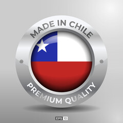 Made in Chile Label, Logo, Stamp Round Flag of Nation with 3D Silver Glossy Effect