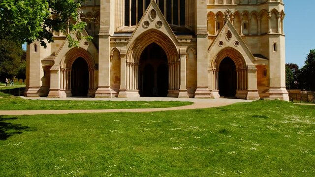 The exterior of St Albans Cathedral, in St Albans, Hertfordshire, England, whose architecture dates back to Norman times in 1077