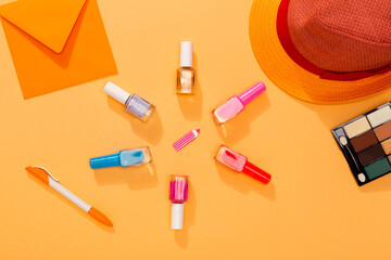 Different colors of nail polish for summer, time to prepare for a manicure. Selection of vivid colors nails polishes.