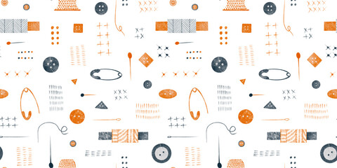 Seamstress seamless pattern with illustration of watercolor retro sewing tools. Sewing kit, accessories for sewing isolated on white background. Buttons, stitch, bobbins with thread, needles