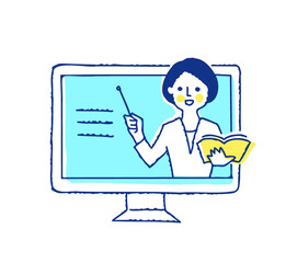 デスクトップパソコンと説明する女性