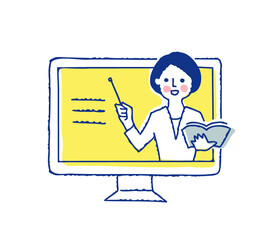 デスクトップパソコンと説明する女性