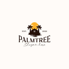 Palm Tree Resort Sunset Logo Template Isolated in WHite Background
