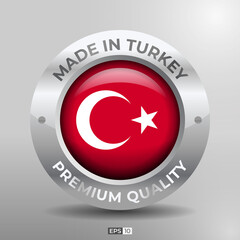 Made in Turkey Label, Logo, Stamp Round Flag of Nation with 3D Silver Glossy Effect