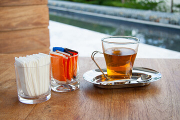 Cup of tea on wood table.