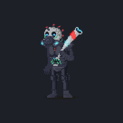 Pixel art cartoon cybernetic skull punk character.