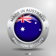 Made in Australia Label, Logo, Stamp Round Flag of Nation with 3D Silver Glossy Effect
