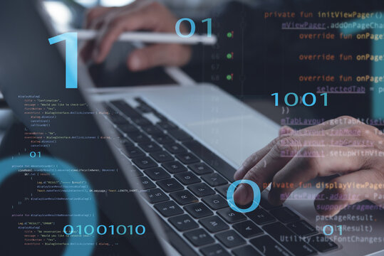 digital software technology development, mobile app developing concept. Software developer, computer programmer coding computer script