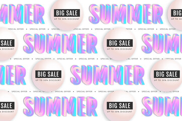 Big summer sale poster with 3D abstract holographic text elements. Vector illustration