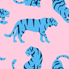 Vector seamless pattern with cute tigers on background. Circus animal show. Fashionable fabric design.