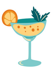 Cocktail. Refreshing drink with a slice of orange and mint leaves. Alcohol drink. Perfect for design menu, posters, brochures for cafe, bar. Flat cartoon vector illustration isolated