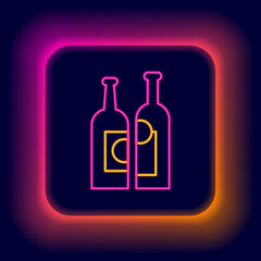 Glowing neon line Bottles of wine icon isolated on black background. Colorful outline concept. Vector