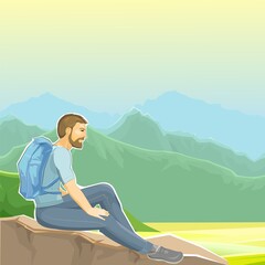 Fototapeta na wymiar A man sits on a cliff. Stone rock. The climber is resting at the height. A hiker with a backpack admires the view. Adventure over the horizon. Nature, landscape, fog. Flat style. Illustration vector