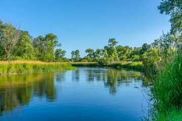 Fototapeta na wymiar Ottertail River on a beautiful sunny summer day in Rural Minnesota, USA with nice reflections in the water. 