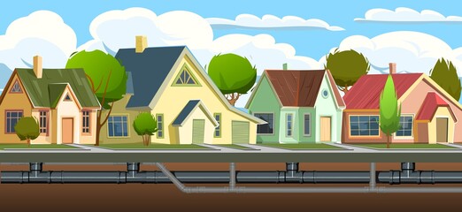 Pipeline for various purposes. Underground part of system. Cartoon town street. Illustration vector