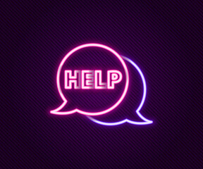 Glowing neon line Speech bubble with text Help icon isolated on black background. Colorful outline concept. Vector