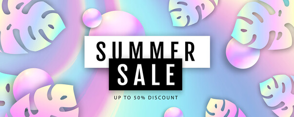 Summer sale poster with  holographic tropic leaves and holographic background. Vector illustration