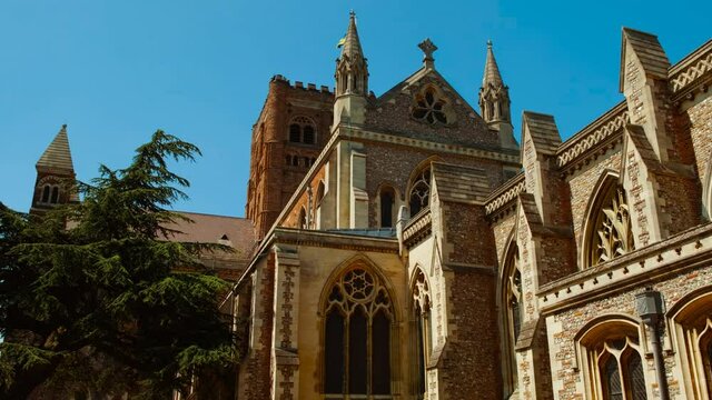 The exterior of St Albans Cathedral, in St Albans, Hertfordshire, England, whose architecture dates back to Norman times in 1077