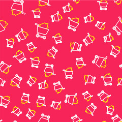 Line Shopping cart with house icon isolated seamless pattern on red background. Buy house concept. Home loan concept, rent, buying a property. Vector