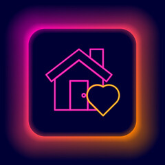 Glowing neon line House with heart shape icon isolated on black background. Love home symbol. Family, real estate and realty. Colorful outline concept. Vector