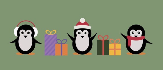 Set of cute vintage cartoon penguins with gifts. Christmas holiday illustration.