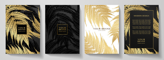 Tropical cover, frame design set with golden leaf (fern) print on background. Holiday vector black and gold exotic pattern for wedding card, luxury menu template, summer holiday poster