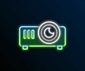 Glowing neon line Presentation, movie, film, media projector icon isolated on black background. Colorful outline concept. Vector