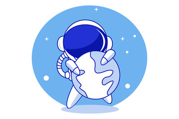 Astronaut. Astronaut on holding globe on blue background full of stars and planets 