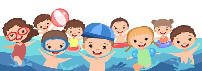 Children fun and splashing in water. Waves. Swimming, diving and water sports. Pool or beach. Isolated on white background. Illustration in cartoon style. Flat design. Vector art