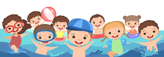 Children fun and splashing in water. Waves. Swimming, diving and water sports. Pool or beach. Isolated on white background. Illustration in cartoon style. Flat design. Vector art