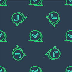 Line Check mark in speech bubble icon isolated seamless pattern on blue background. Security, safety, protection, privacy concept. Tick mark approved. Vector