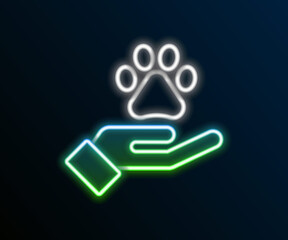 Glowing neon line Hands with animals footprint icon isolated on black background. Pet paw in heart. Love to the animals. Colorful outline concept. Vector