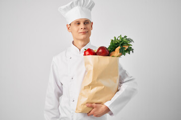 male chef with food package healthy food kitchen