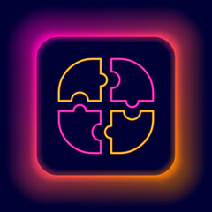 Glowing neon line Piece of puzzle icon isolated on black background. Business, marketing, finance, template, layout, infographics, internet concept. Colorful outline concept. Vector
