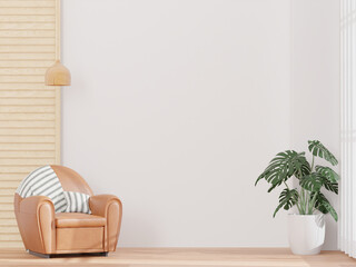 Living room ,big window, brown leather sofa , Japanese minimal style ,mock up and copy space wall - 3d rendering -