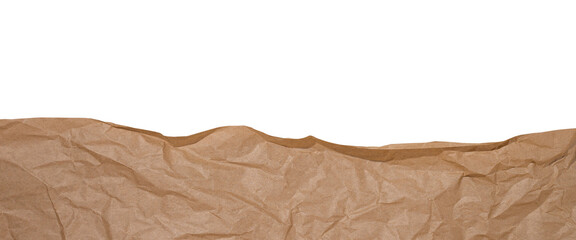 Crumpled brown craft paper isolated on white background. Banner