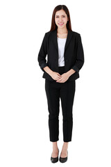 Full body portrait of asian beautiful business working long hair woman wearing formal black suit and high heel shoes, smiling, confident smart posing, standing on isolated white background cutout. © Bangkok Click Studio