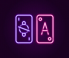 Glowing neon line Tarot cards icon isolated on black background. Magic occult set of tarot cards. Colorful outline concept. Vector