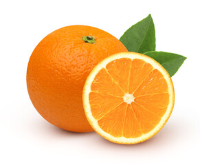 Orange fruit with orange slices and leaves isolated on the white background, cut out.