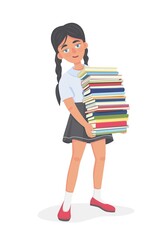 girl holding a stack of books in her hands. Vector illustration of a schoolgirl addicted to reading books. Symbol of learning, child development. Isolated character in cartoon style