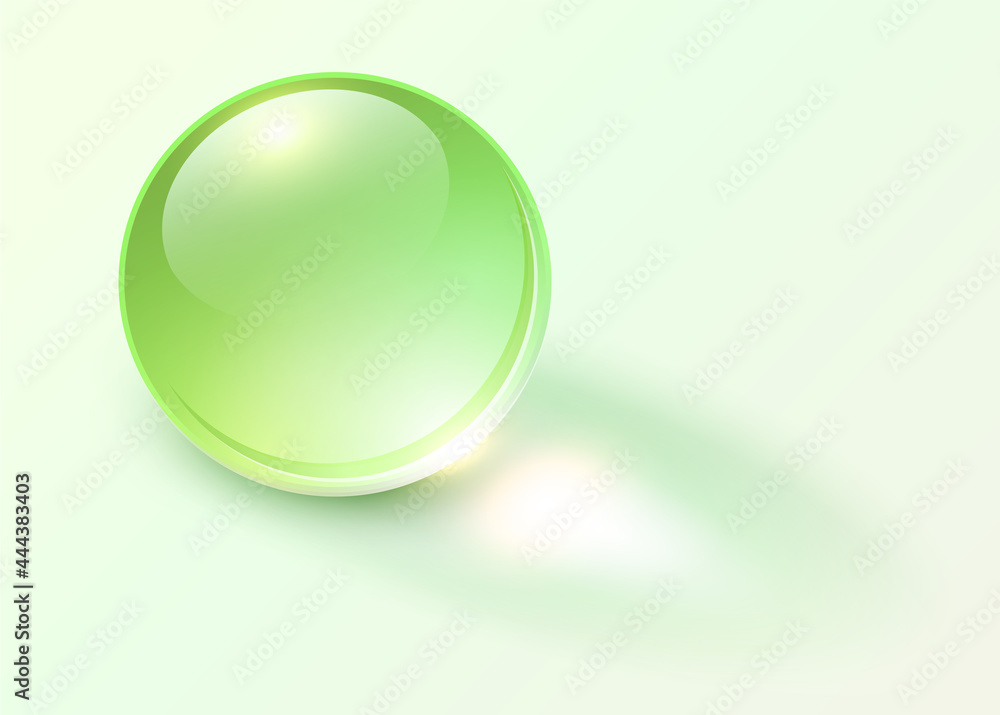 Poster background with shiny green sphere, 3d glossy ball dynamic vector illustration.