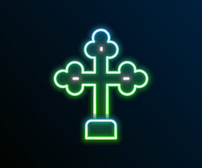 Glowing neon line Christian cross icon isolated on black background. Church cross. Colorful outline concept. Vector
