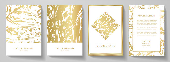 Modern gold cover, frame design set. Creative fashionable background with golden abstract marble pattern. Elegant trendy vector for makeup catalog, brochure template, beauty booklet, restaurant menu