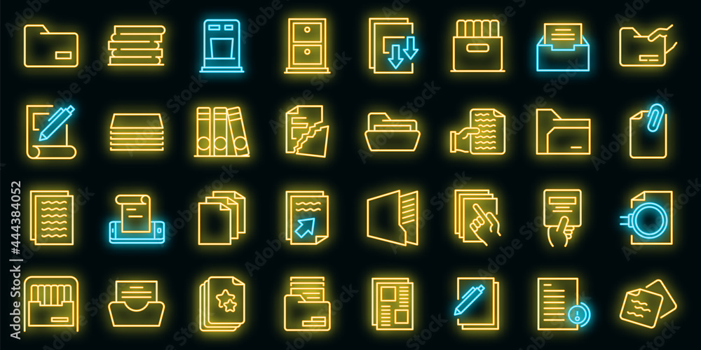 Aufkleber storage of documents icons set. outline set of storage of documents vector icons neon color on black